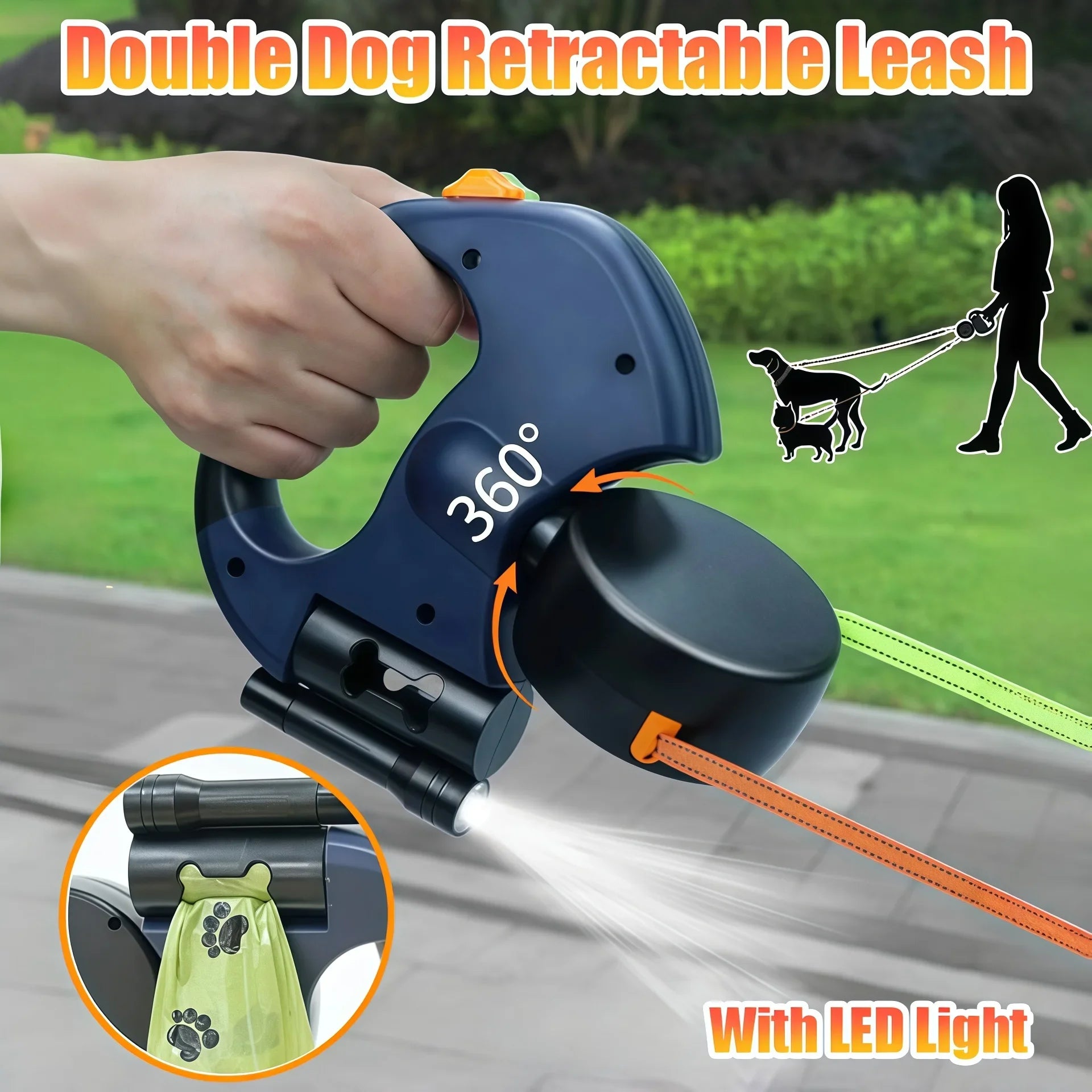 Guinzaglio Retrattile Automatico Doppio per Cani con Torcia LED Integrata